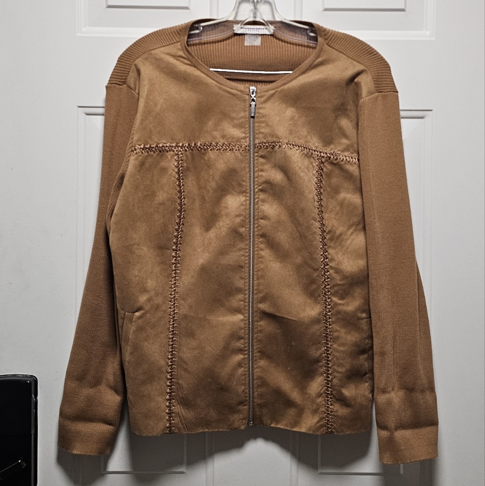 Vintage faux suede ribbed sweater full zip-up in camel